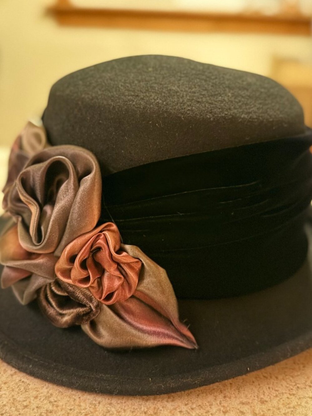 Black Felt Cloche w/Velvet Band, Satin Ombre Rosettes - Toucan Collection, M